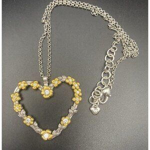 Brighton Necklace Heart Silver Plated Gold Tone Flowers Rhinestones 17+2" Love